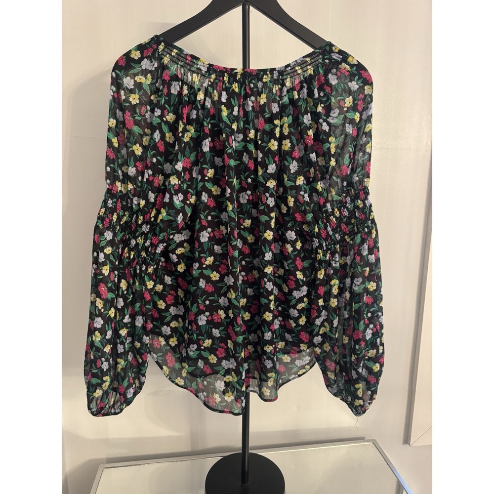 Ann Taylor Womens Floral Boho Sheer Blouse Small‎ Romantic Smocked Cutout Top - Picture 2 of 7